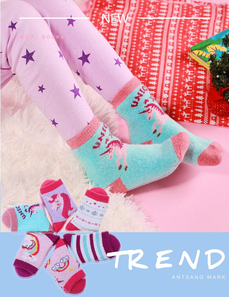 ANTSANG Kids Merino Wool Hiking Socks Toddlers Boys Girls Winter Warm Thick Thermal Crew Boot Heavy Cozy Snow Cabin Gift Snowboarding Socks 6 Pairs for Childs(Unicorn,8-12Y) - Image 5